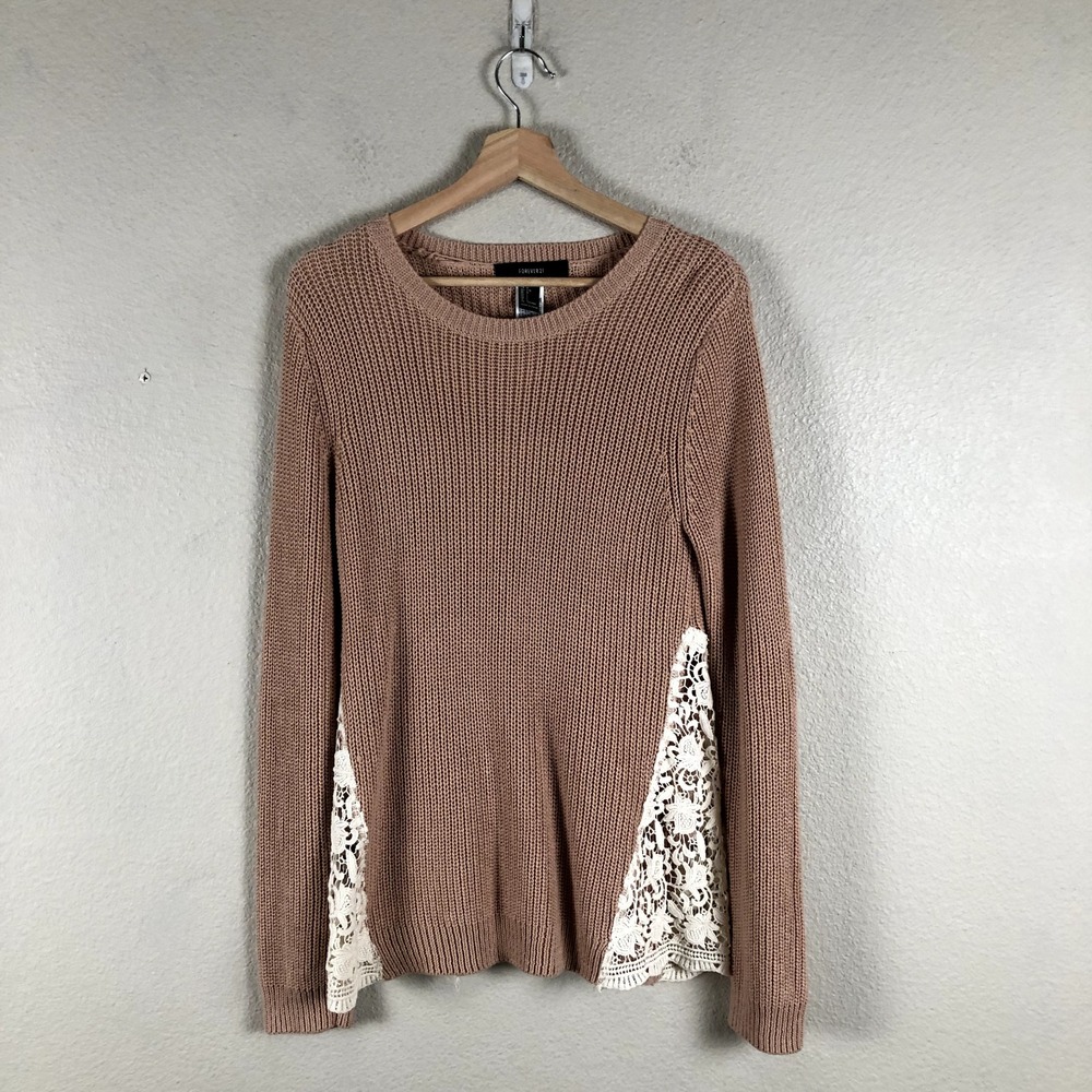 Forever 21 Cottagecore Sweater Women Large Tan White Lace Insert Ribbed Casual